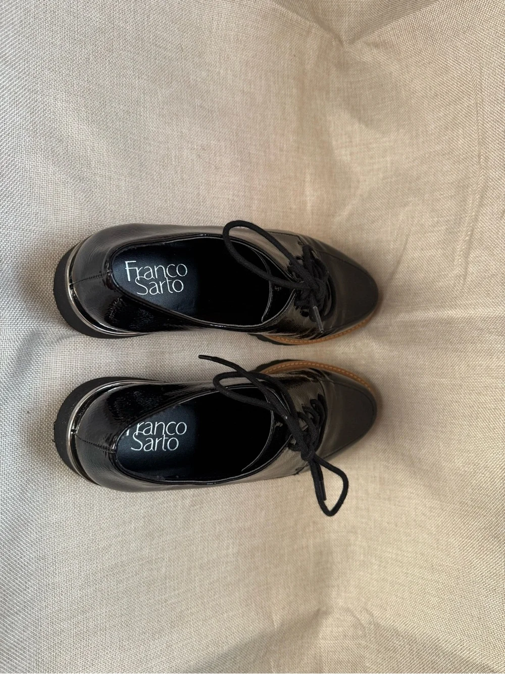 Franco Sarto Black Patent Leather Derby with Tan Welt